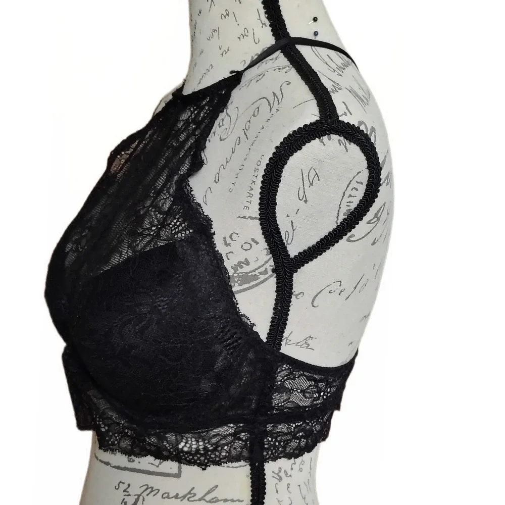 Xoxo Black Lace High Neck Halter Bralette 36C Racer Back Goth Grunge Festival